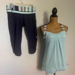 2 piece set Lululemon Aquamarine Groovy Stripe Cadet Blue Tank & Cropped 6 & 8